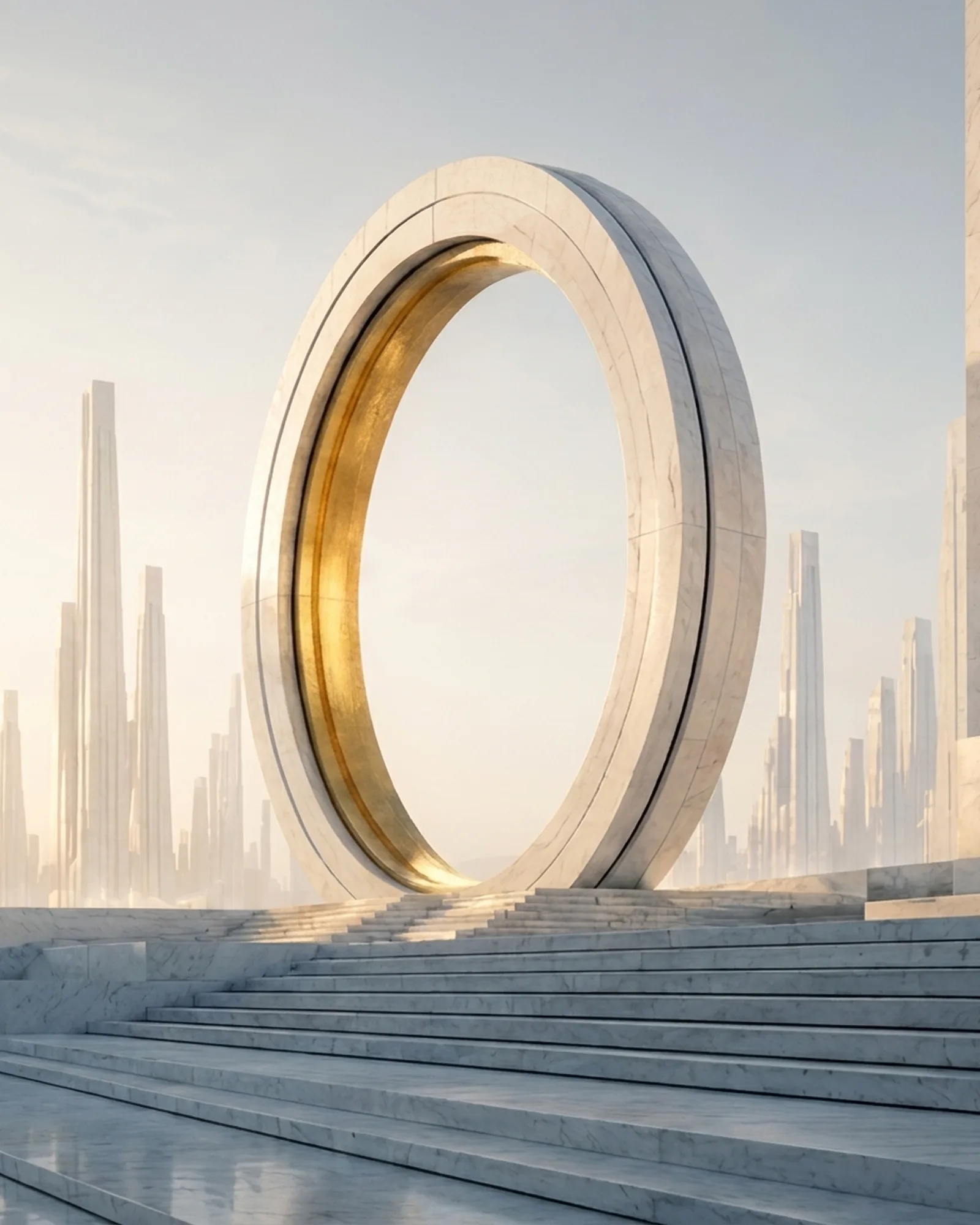 The marble ring stood vertically against a bright dawn sky, gold leaf on its inner face, cool-shaded steps rising in the foreground.