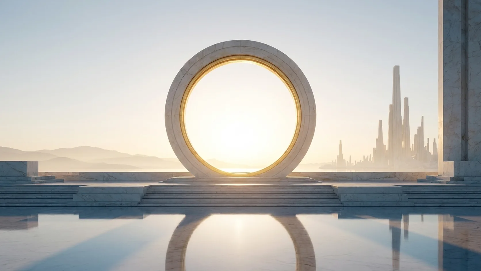A marble ring with a gold inner edge on a terrace above still water, the sun rising through it.