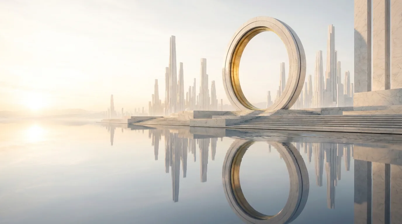 The monument plaza seen from the still water at first light, the colossal gold ring whole above the steps.