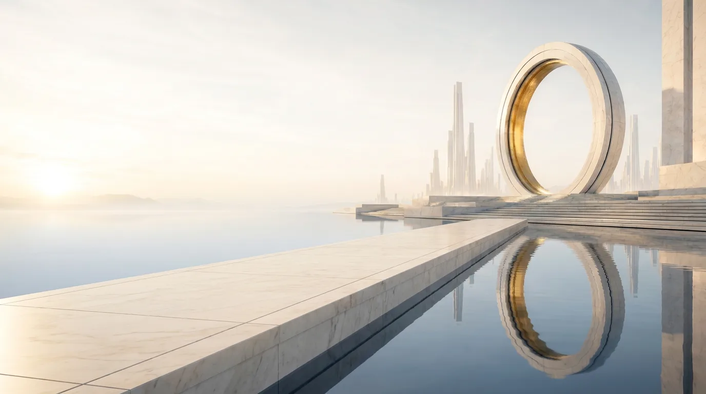 A long marble pier over the still basin, the gold ring whole beyond its end.