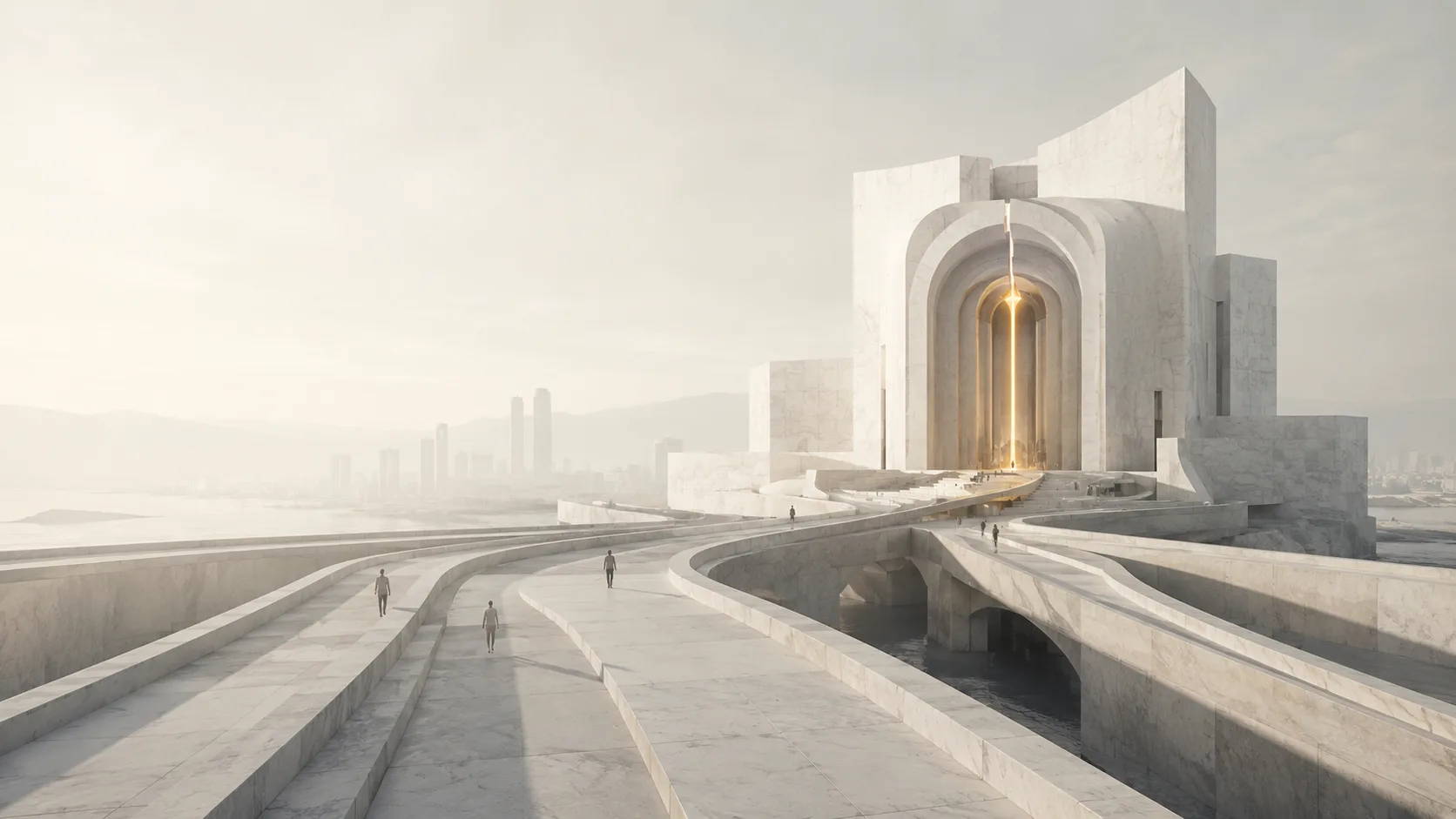 Charcoal illustration of a cathedral-scale architecture under construction, half rendered as built stone and half as schematic blueprint line-work, with scaffolding climbing the right edge and a single warm light burning at its apex.
