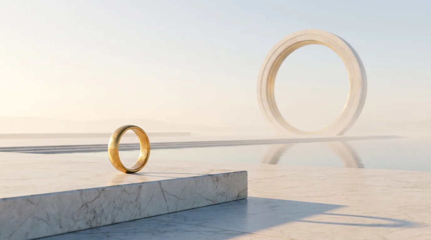 A small gold-leaf ring resting on a marble plinth on the plaza, the colossal ring standing far behind it in dawn haze.