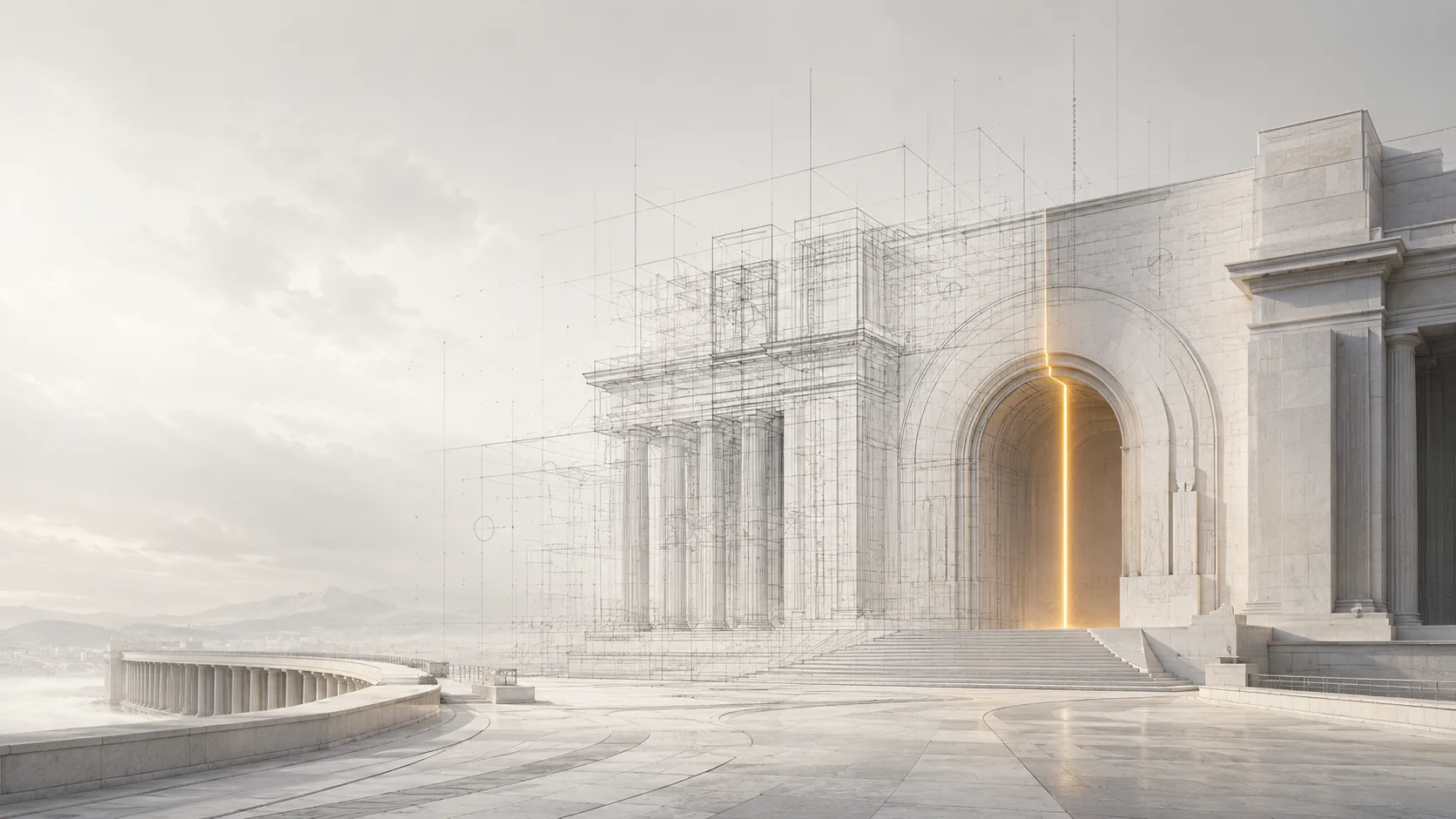 Charcoal illustration of a classical columned institutional facade rendered half as solid stone and half as wireframe schematic line-work, with a thin warm line of light running along the boundary where the two halves meet.