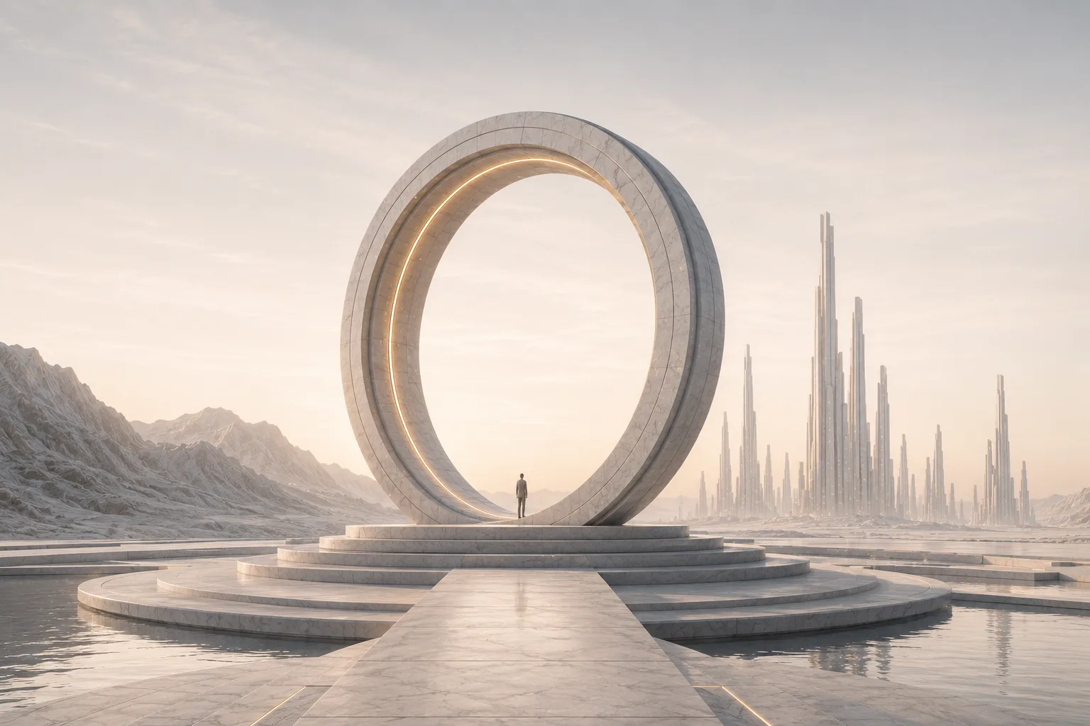 Three-dimensional rendering of a single immense ring portal standing on a circular stepped platform above a calm reflecting pool, with one lone figure silhouetted at its centre and a faint city on the horizon.