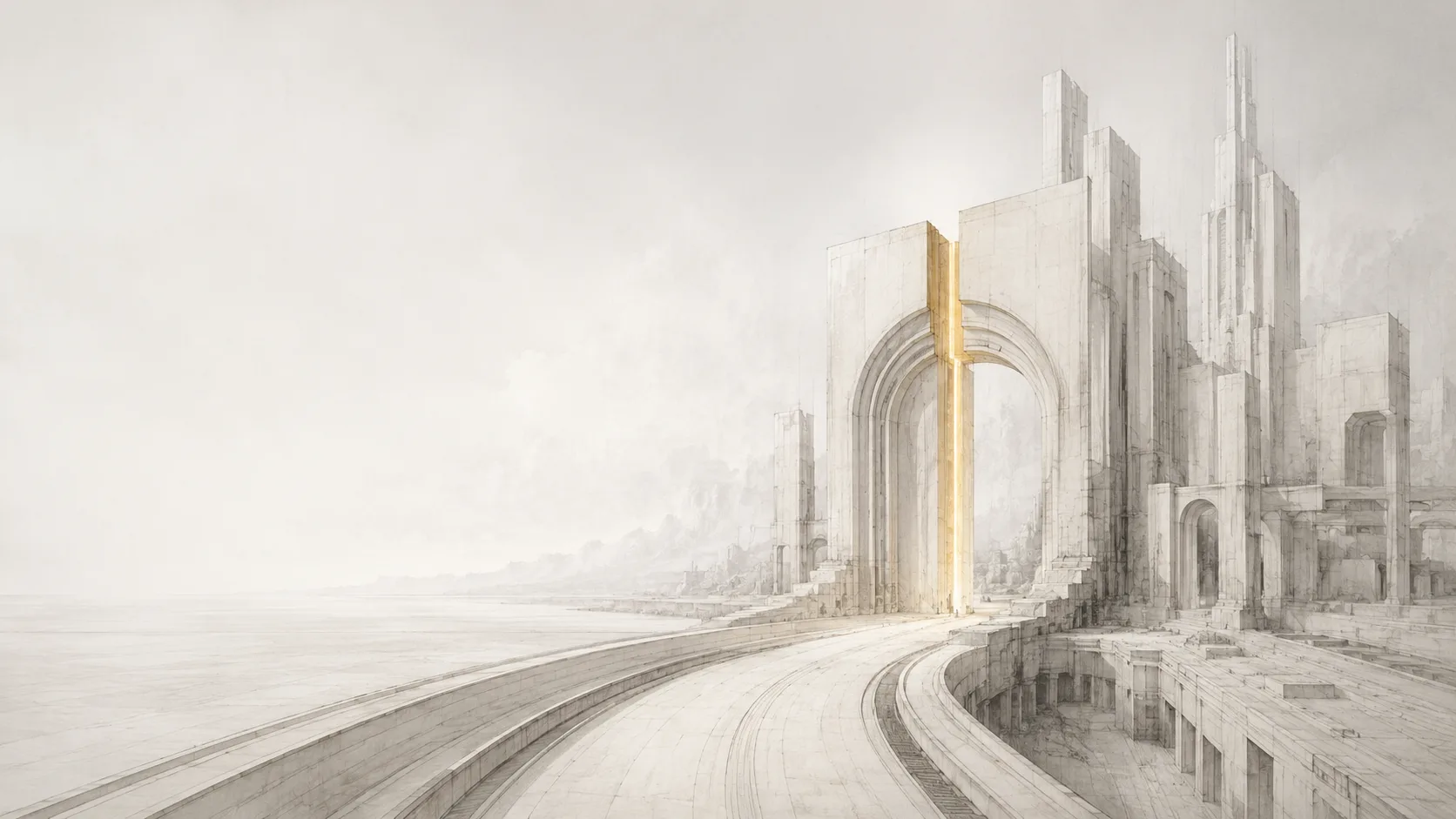 Charcoal illustration of two parallel roads converging into a single broad avenue heading toward a distant cathedral-like structure with a single warm window glowing high in its central tower.
