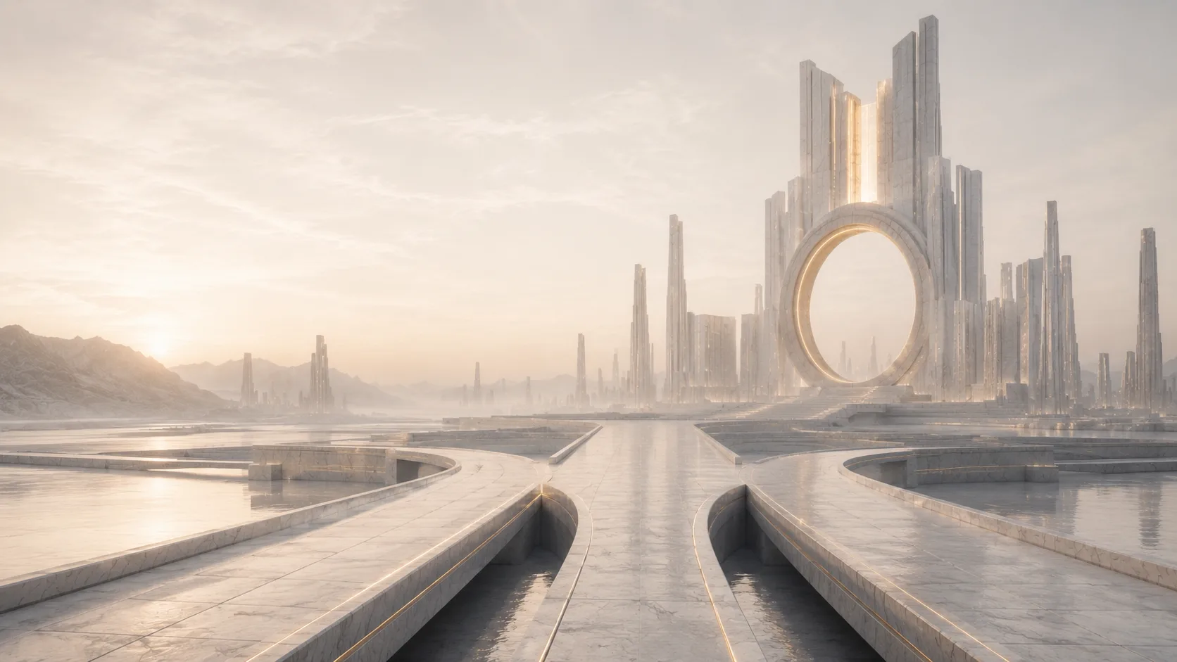 Three-dimensional rendering of two parallel marble paths converging across a still reflecting plain toward a distant ringed portal anchored within a futuristic skyline.