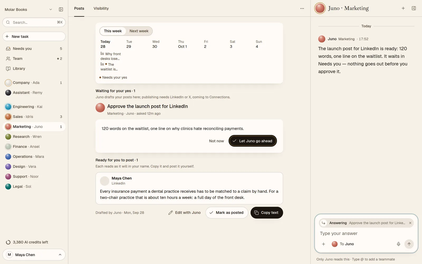 Juno's marketing work beside her chat: a post drafted and waiting for approval