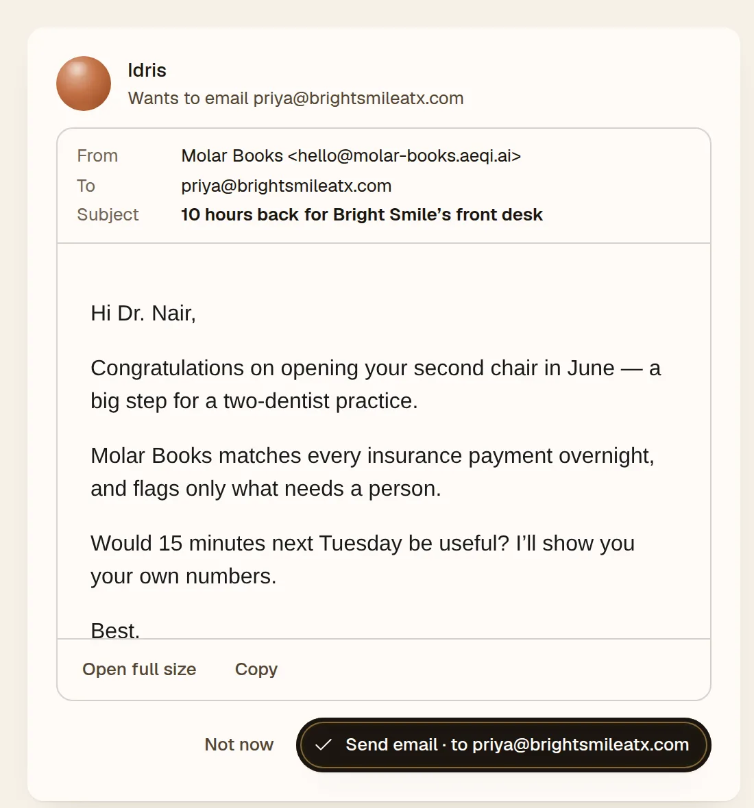 An email Idris wants to send, shown in full, with Not now and Send email