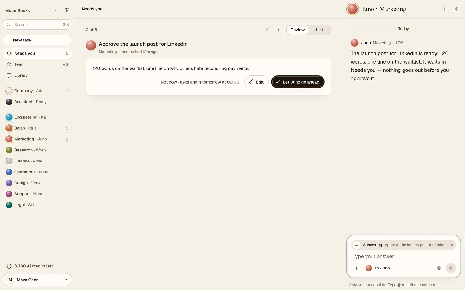 Needs you in review mode: one request at a time, two of five
