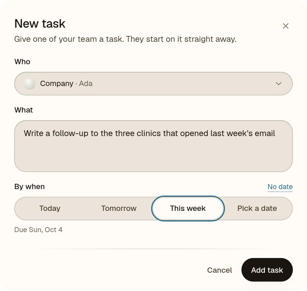 The New task dialog: who, what, by when