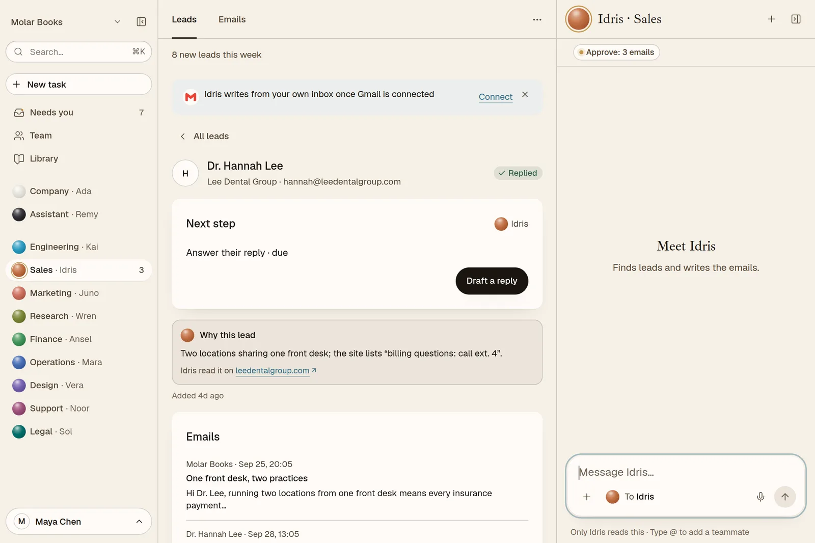 A lead's page: the next step, why this lead, and the emails so far