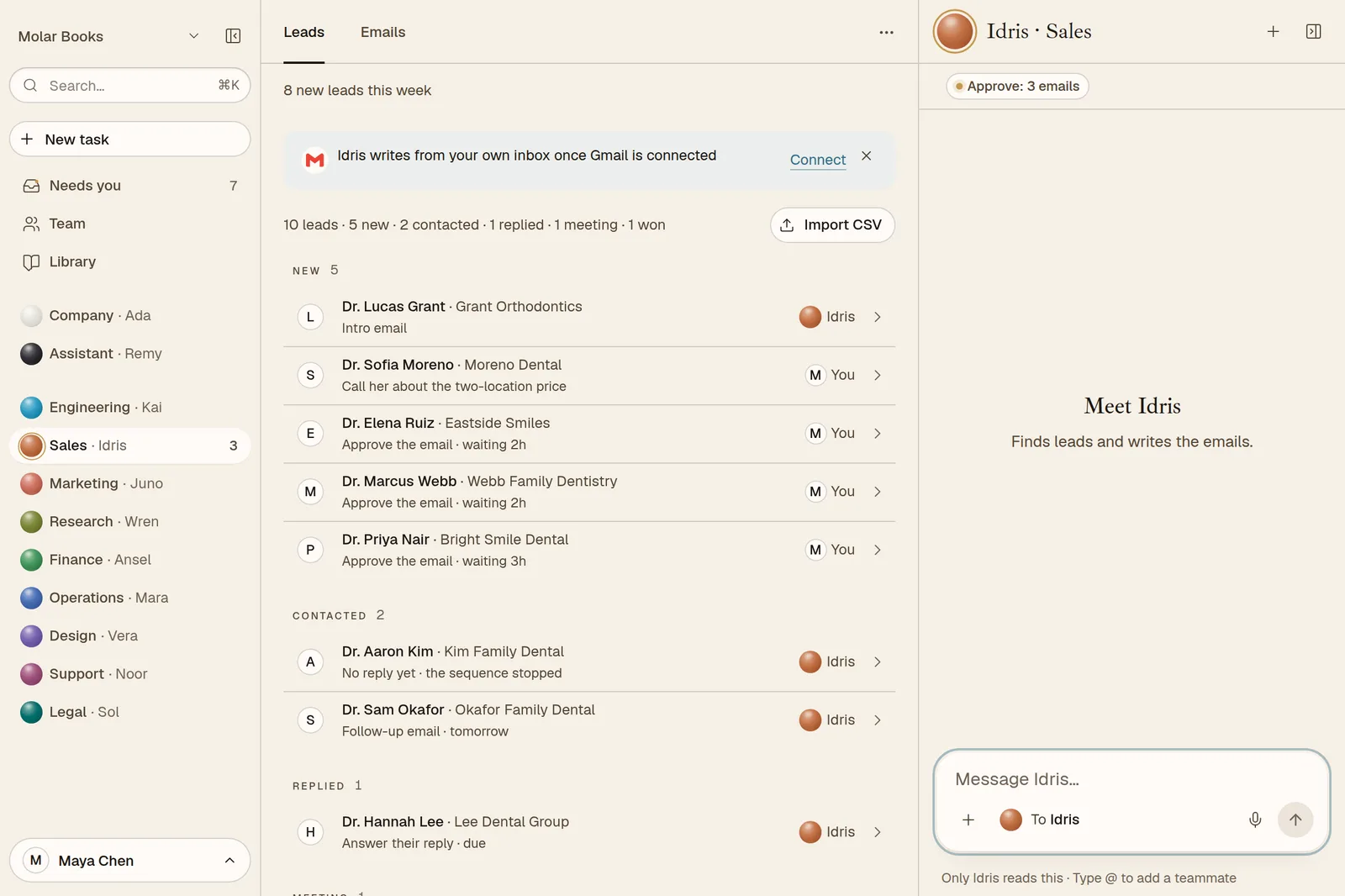 The sales pipeline: new, contacted and replied leads, each with who owns the next step