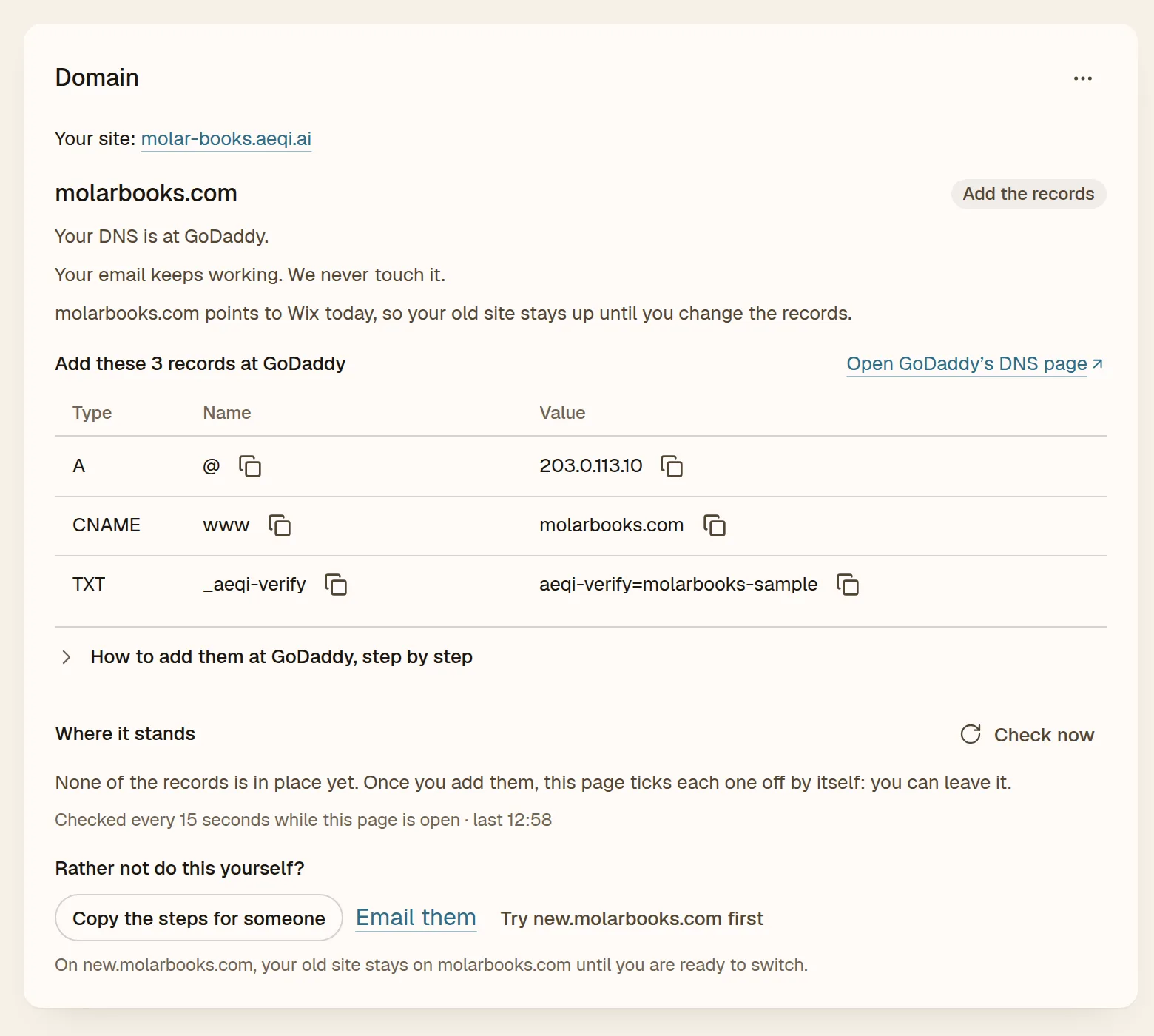 Connecting your own domain: the three records to add, and where things stand