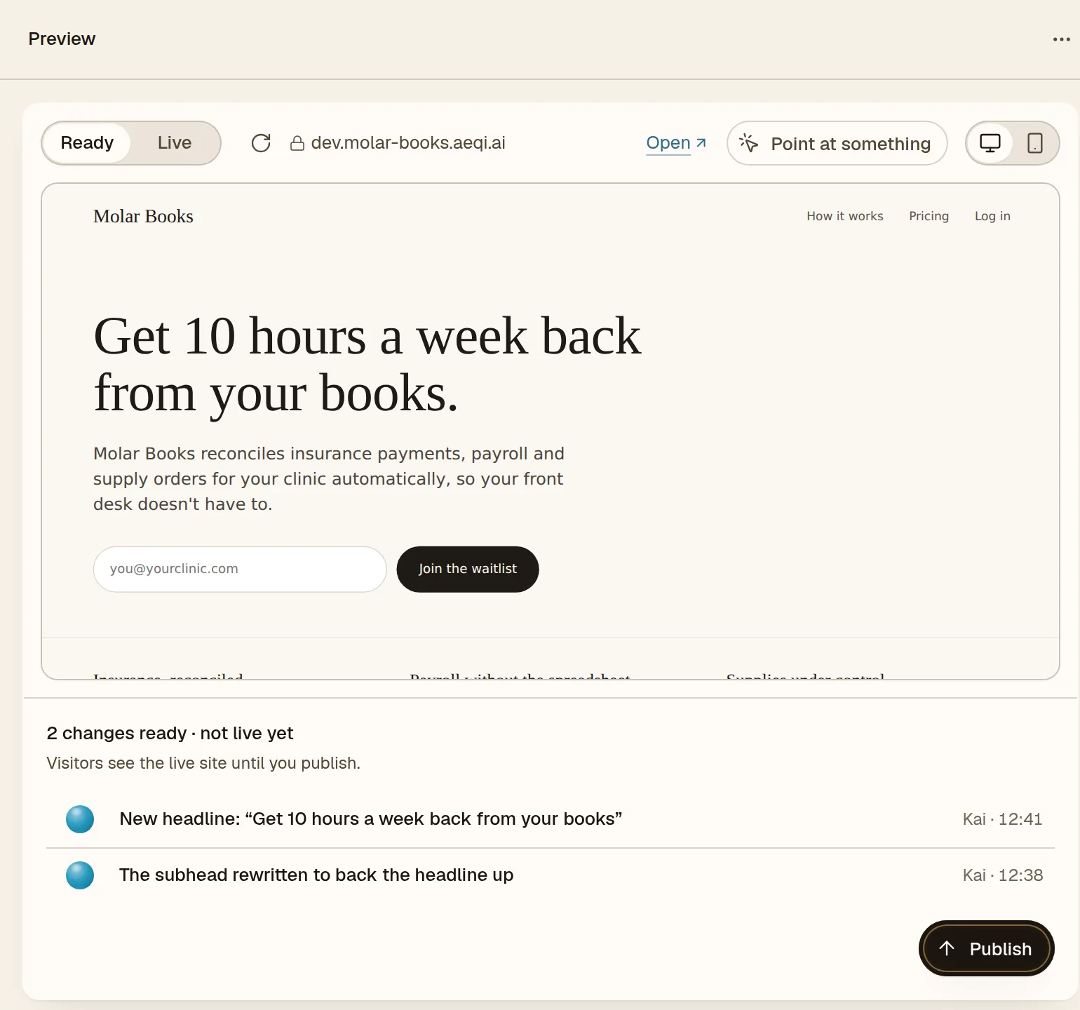 Kai's website pane: the preview with two changes ready and a Publish button