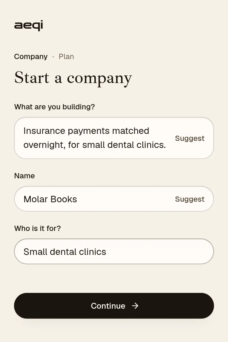 aeqi on a phone, Start a company: the idea, the name Molar Books and who it is for, with Continue.