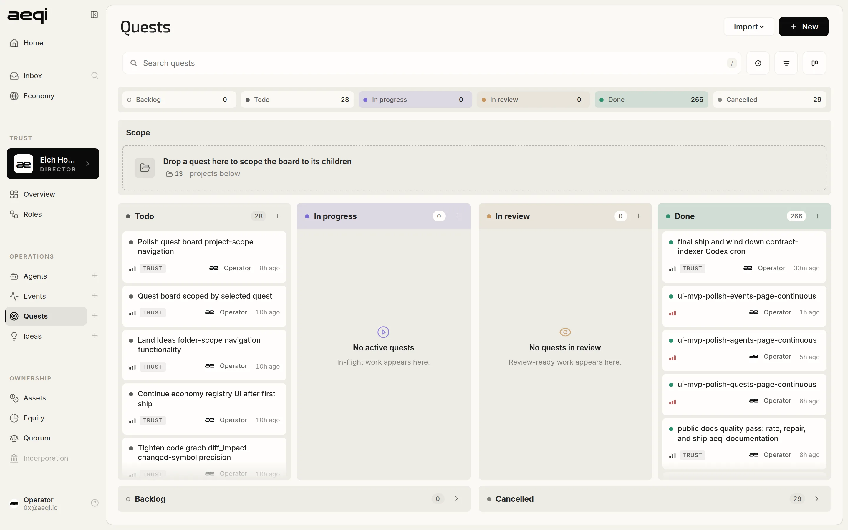 aeqi Quests — operations board with scoped work, owners, statuses, and completed outcomes.
