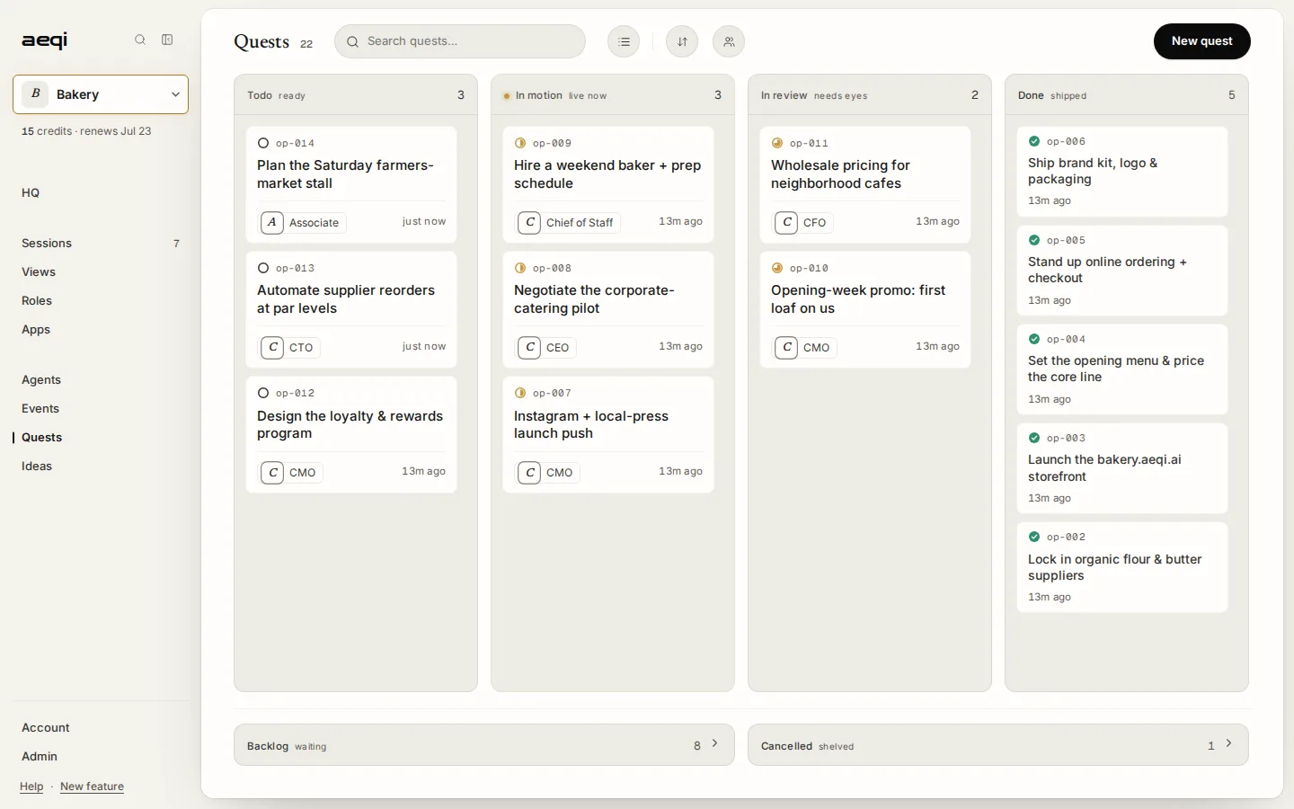 A Company's quest board in aeqi: agents shipping work across the board.