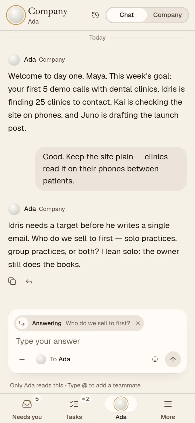 The AEQI app on a phone, the Company thread: Ada sets the week's goal while Idris finds clinics, Kai checks the site and Juno drafts the launch post.