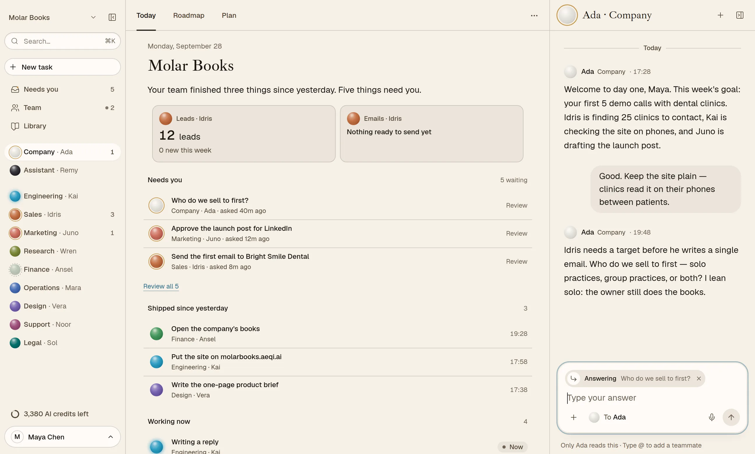 The AEQI app for Molar Books: the eleven teammates by job on the left, today's work in the middle, and Ada setting the week's goal in the Company thread.