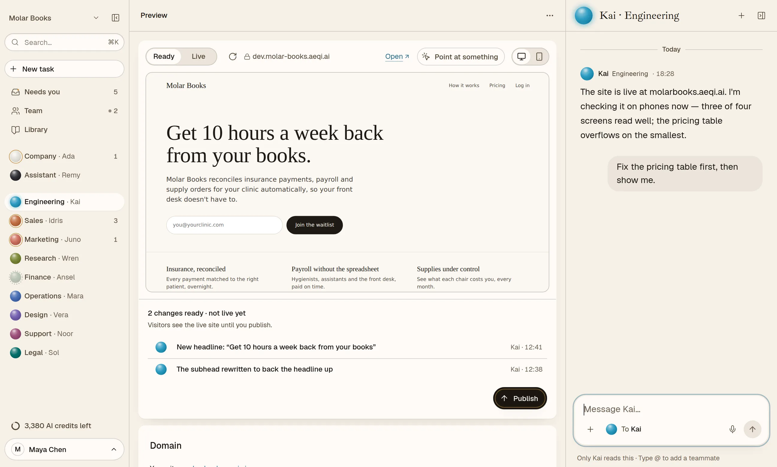 The AEQI app, Engineering: Kai's website pane shows the live site of molar-books.aeqi.ai with two changes ready on a preview; beside it his thread.