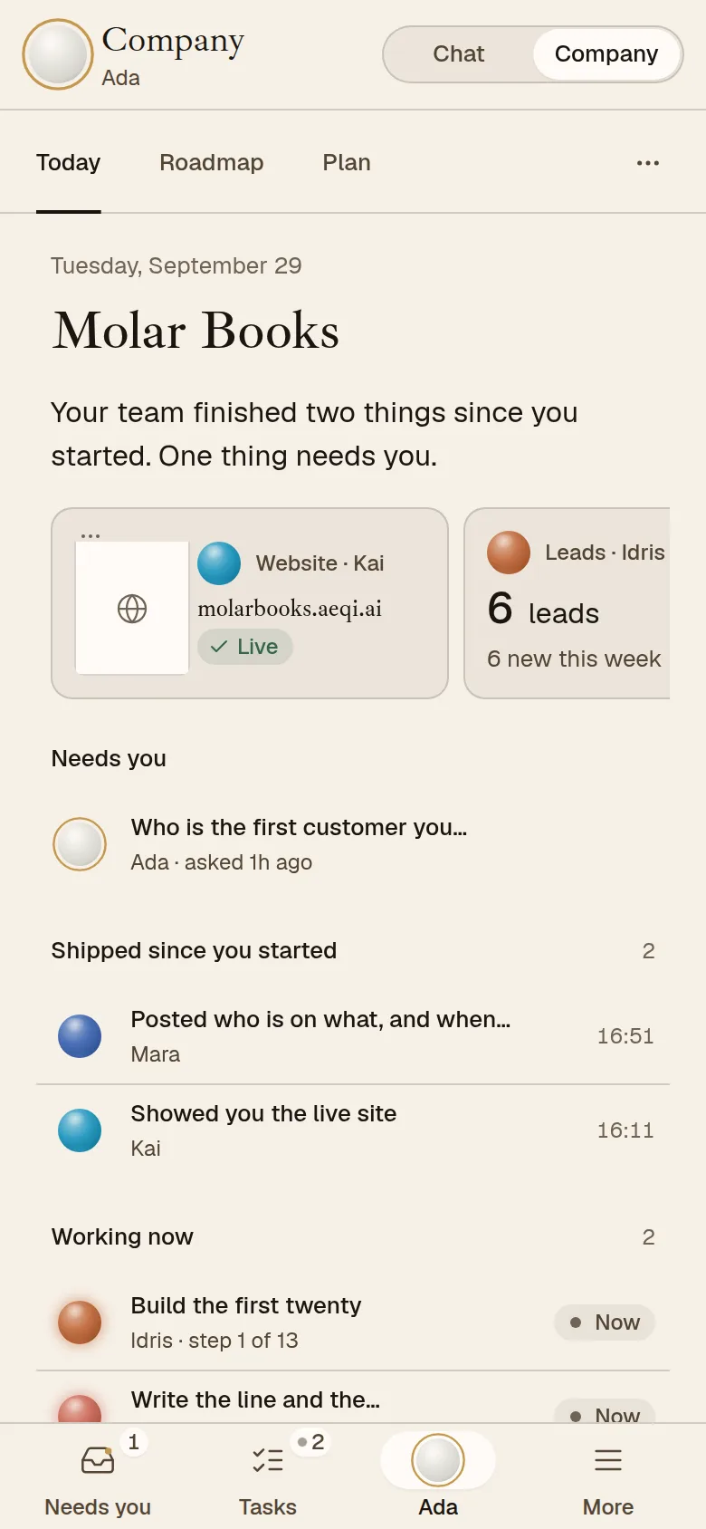 The AEQI app on a phone, Ada’s Company pane for Molar Books: the team finished two things since you started, one needs you, with the live website and six new leads.