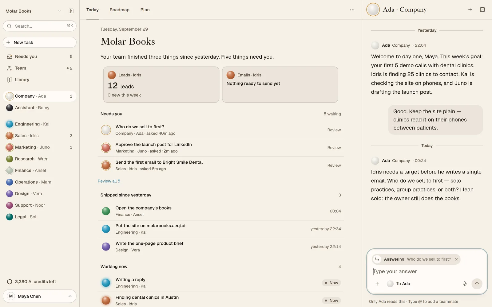 The AEQI app open on the sample company Molar Books: Today with leads, emails, what needs you and what shipped since yesterday, beside Ada’s thread.