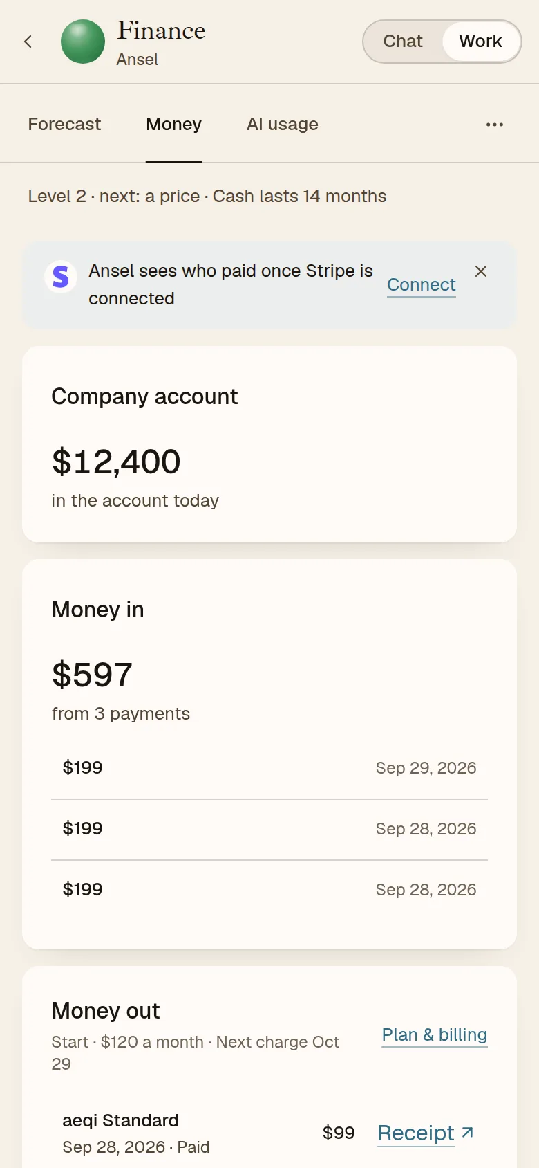 The AEQI app on a phone, Ansel’s Money: the company account, money in from three payments and money out.