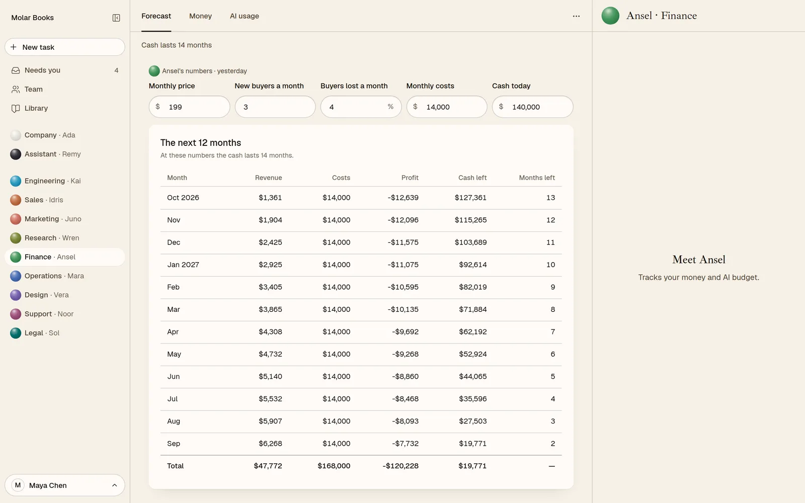 Ansel’s forecast for the sample company: price, buyers and costs, and the next twelve months of cash.
