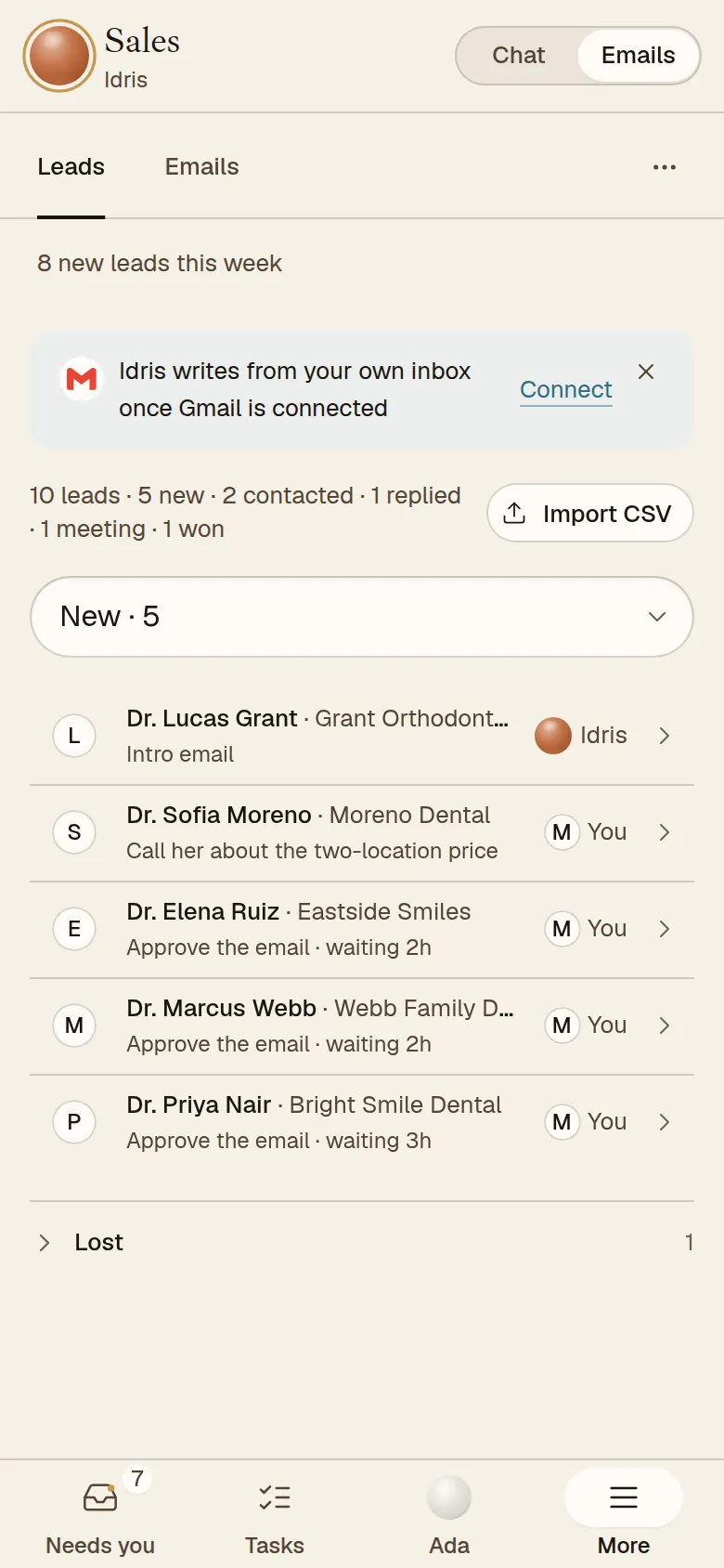 The AEQI app on a phone, Idris’s Leads: eight new leads this week, dental practices each with the next step and who owns it.