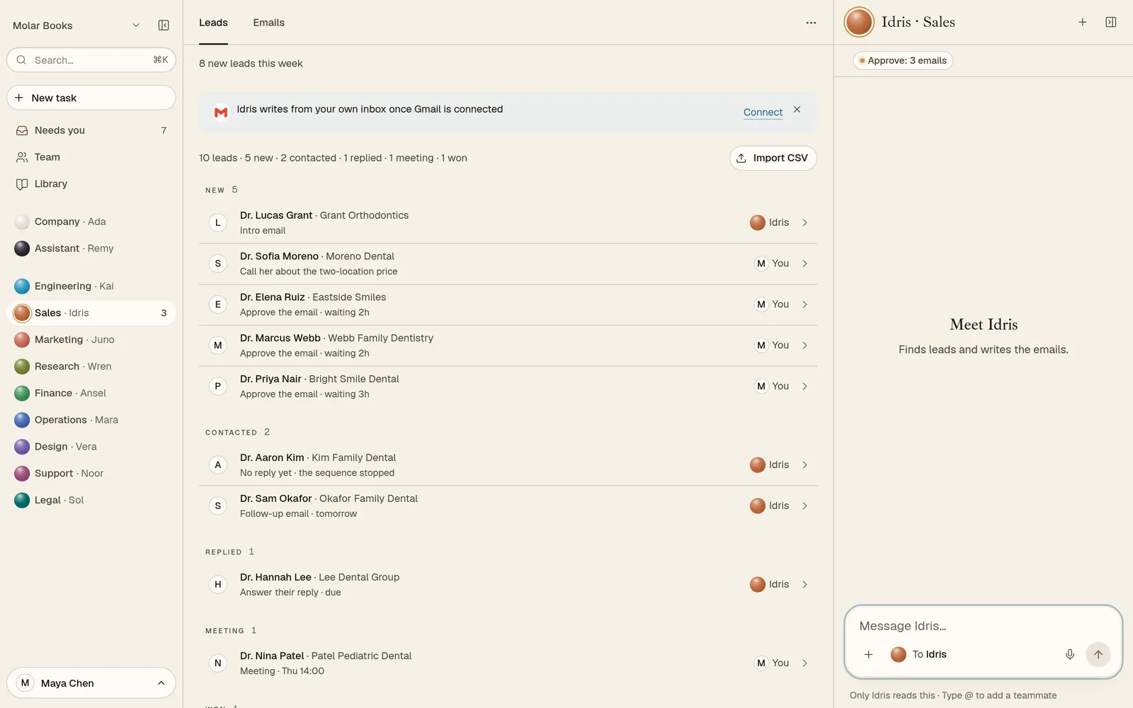 Idris’s sales pipeline for the sample company: new, contacted and replied leads, each with the owner of the next step.