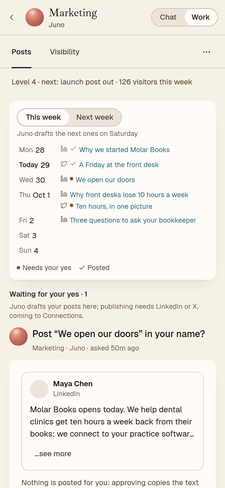 The AEQI app on a phone, Juno’s Posts: this week’s posts on a calendar and the launch post waiting for your yes.