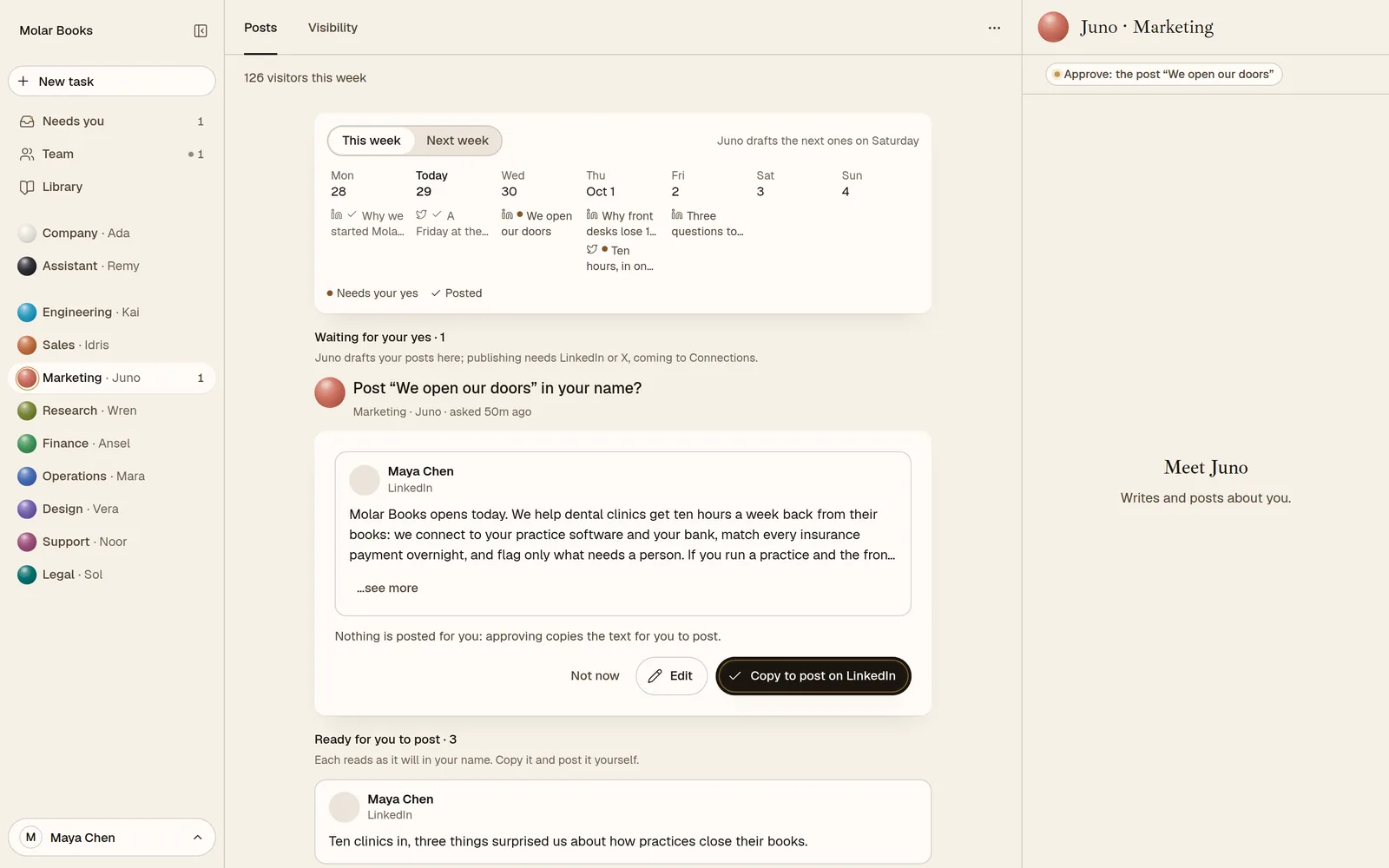 Juno’s marketing pane for the sample company: this week’s posts on a calendar and a LinkedIn post waiting for approval.