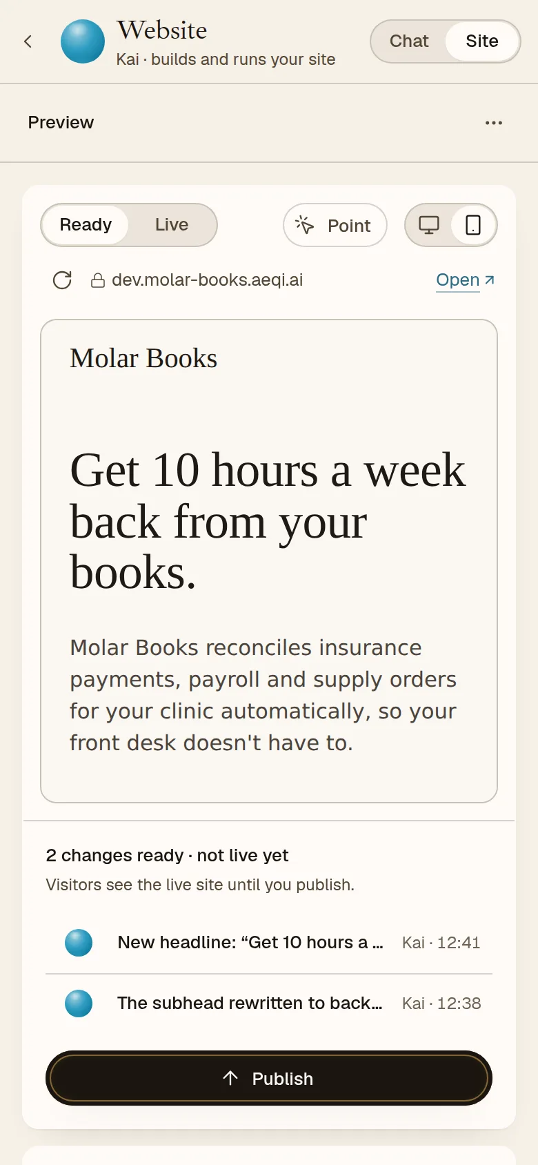The AEQI app on a phone, Kai's Website pane: the preview of molar-books with two changes ready and a Publish button.