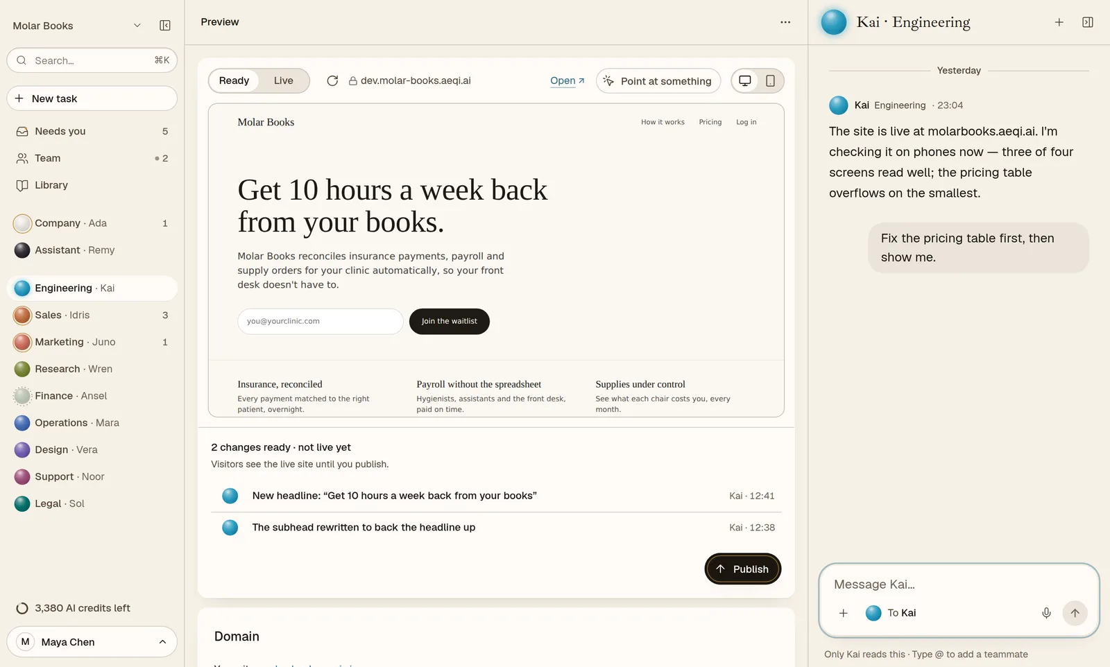 Kai’s website pane for the sample company: the preview of molar-books.aeqi.ai with two changes ready and a Publish button, beside Kai’s thread.