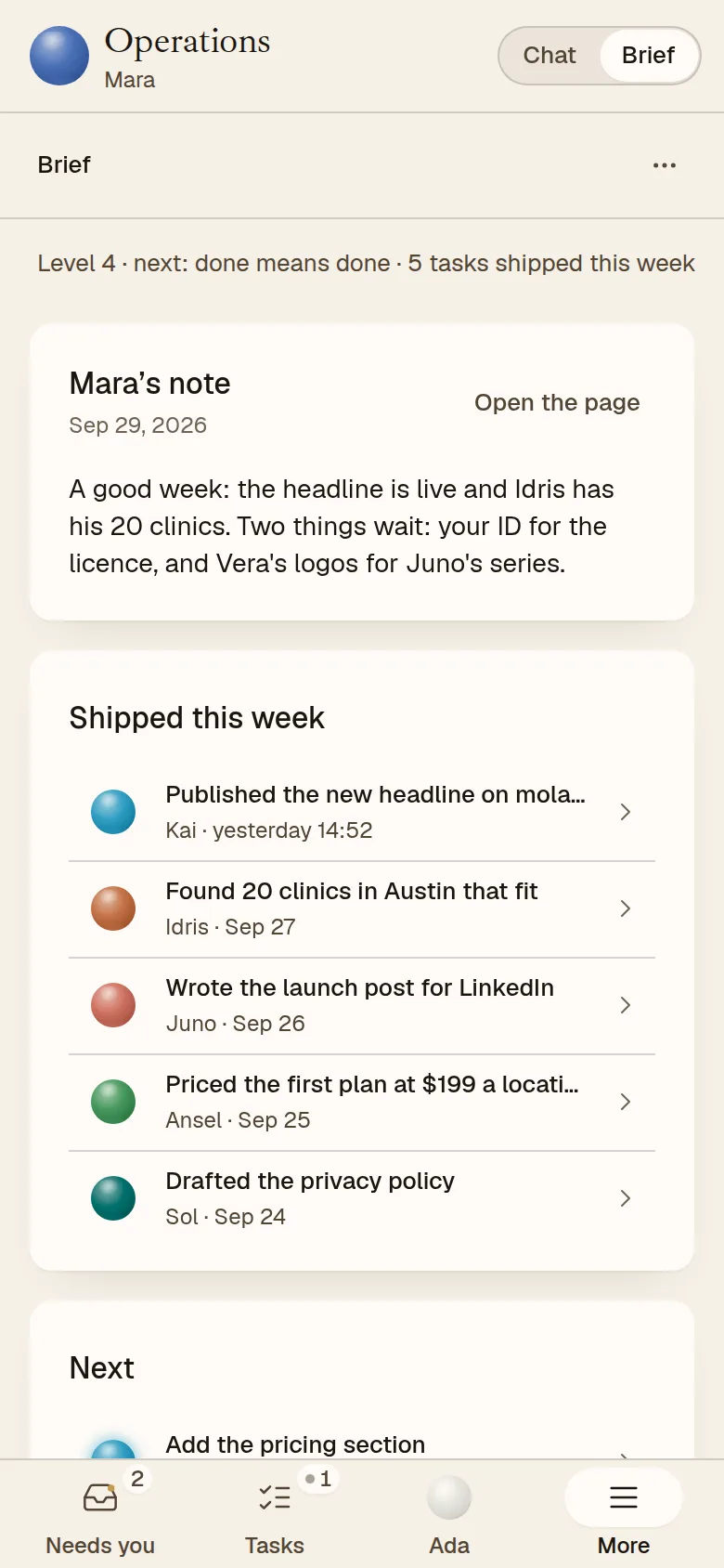The AEQI app on a phone, Mara’s weekly brief: a note on the week, what shipped and what is next.