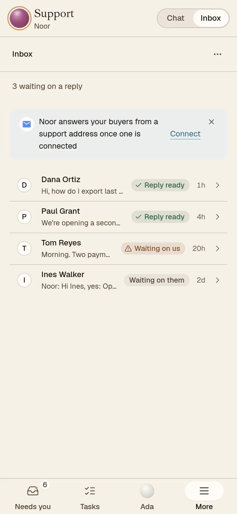 The AEQI app on a phone, Noor’s Inbox: four customer conversations, two replies ready and one waiting on the team.