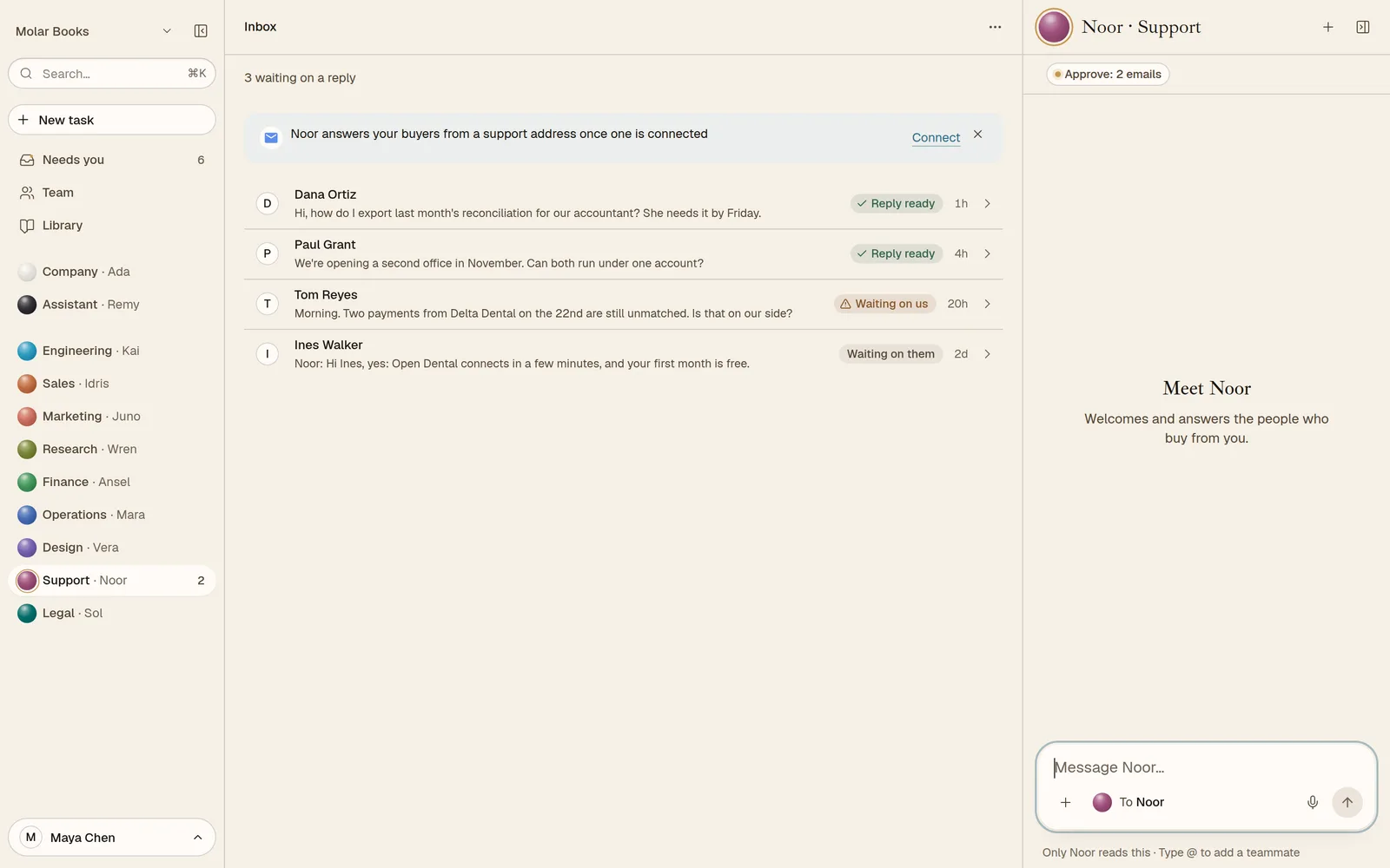 Noor’s support inbox for the sample company: customer messages with replies ready and one waiting on the company.