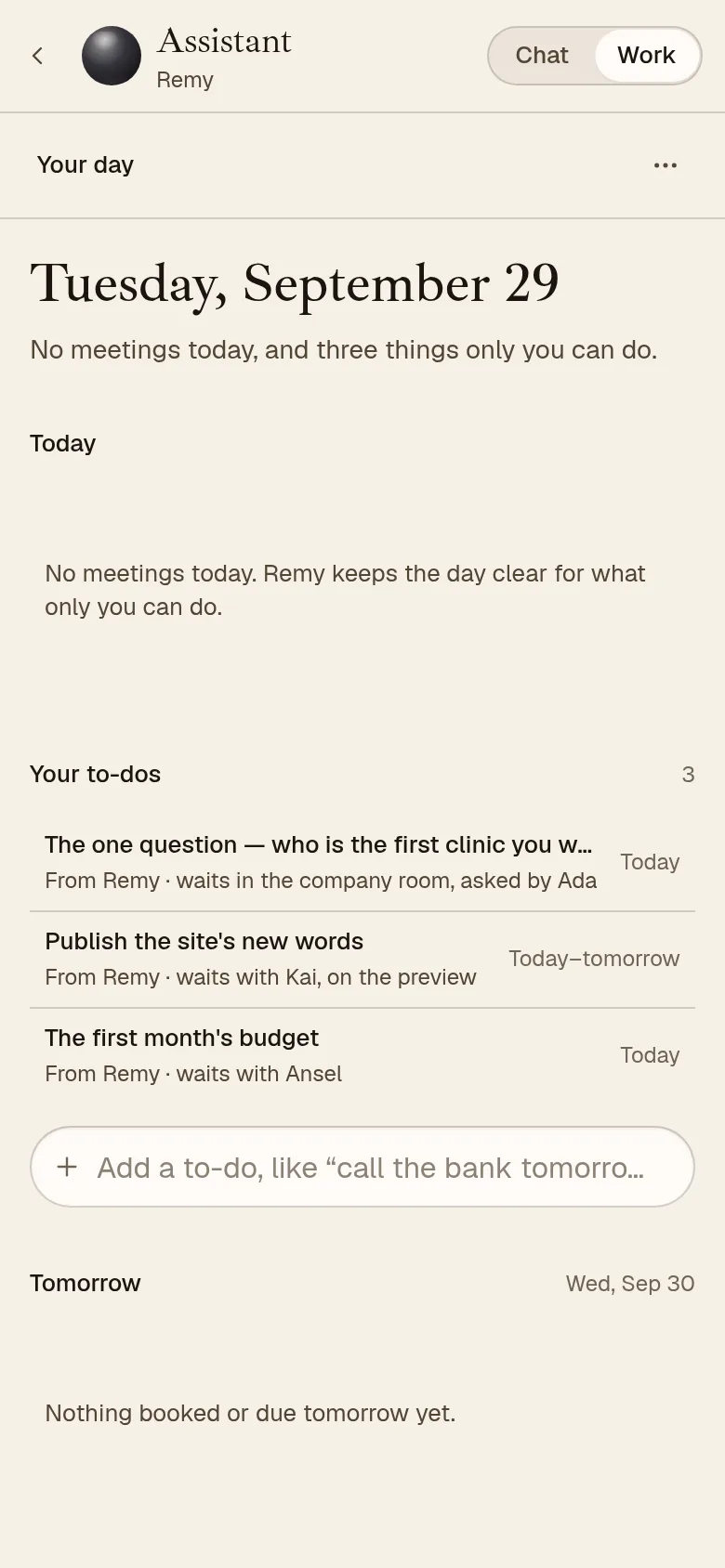 The AEQI app on a phone, Remy’s Your day: no meetings today and three to-dos only you can do, each from a teammate.
