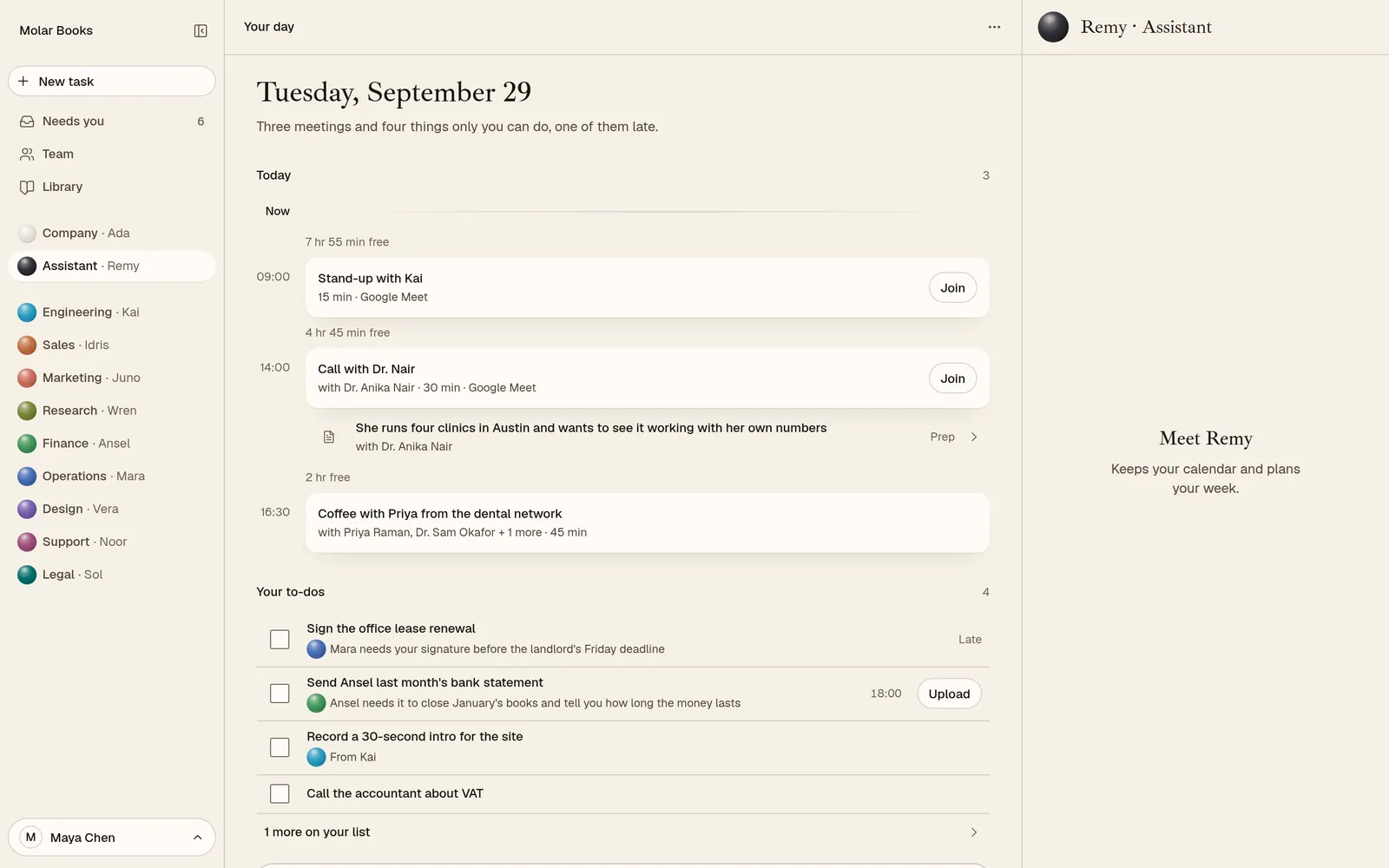 Remy’s Your day pane for the sample company: today’s meetings with join buttons and the to-do list beside them.