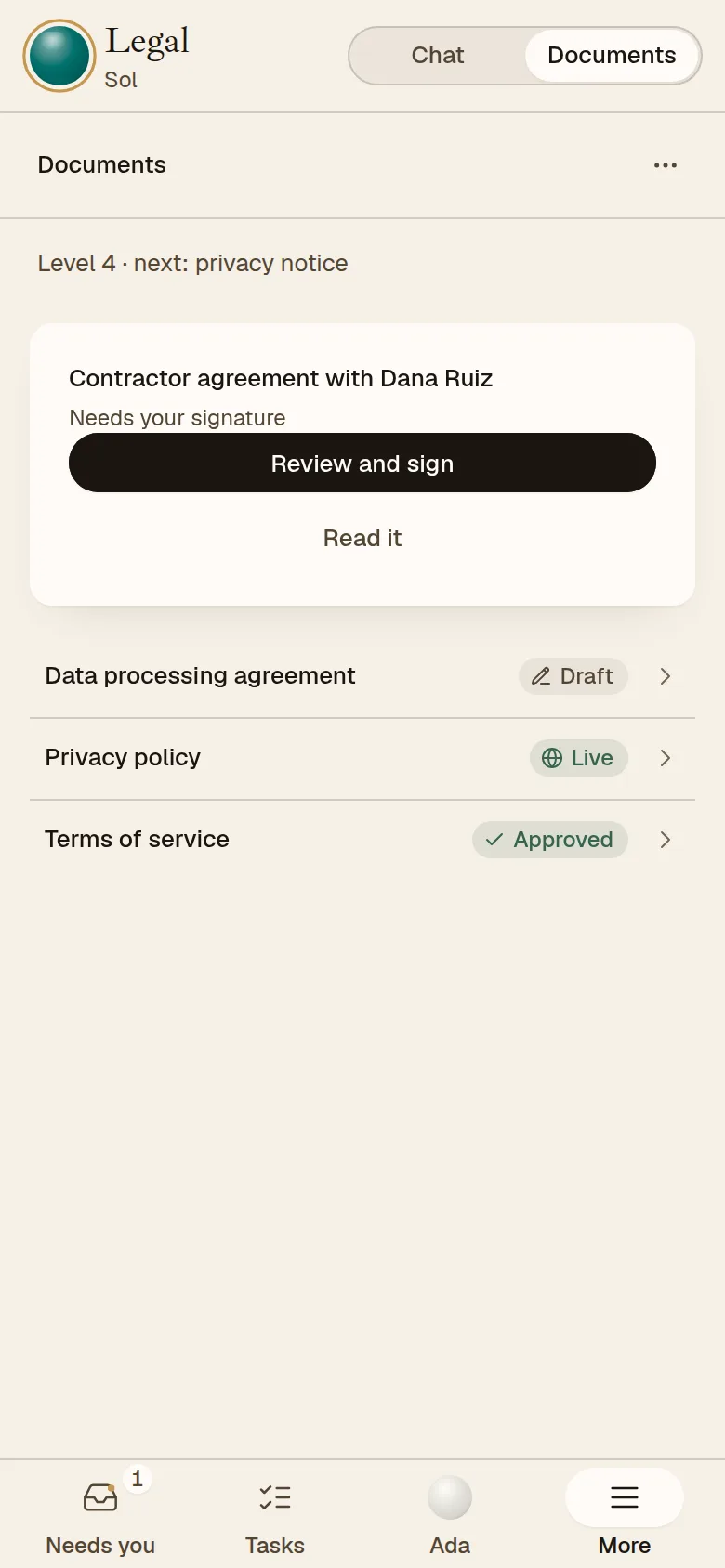 The AEQI app on a phone, Sol’s Documents: a contractor agreement that needs your signature, and the privacy policy and terms.