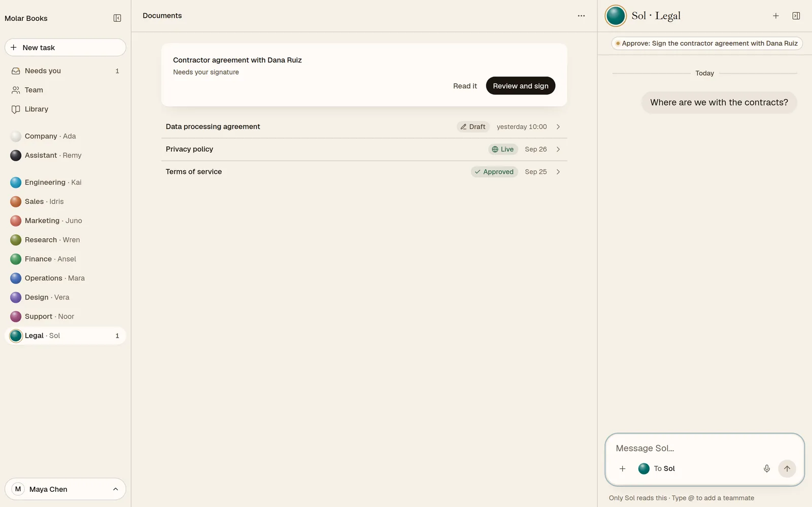 Sol’s documents for the sample company: a contractor agreement to review and sign, a data processing agreement, the privacy policy and the terms.