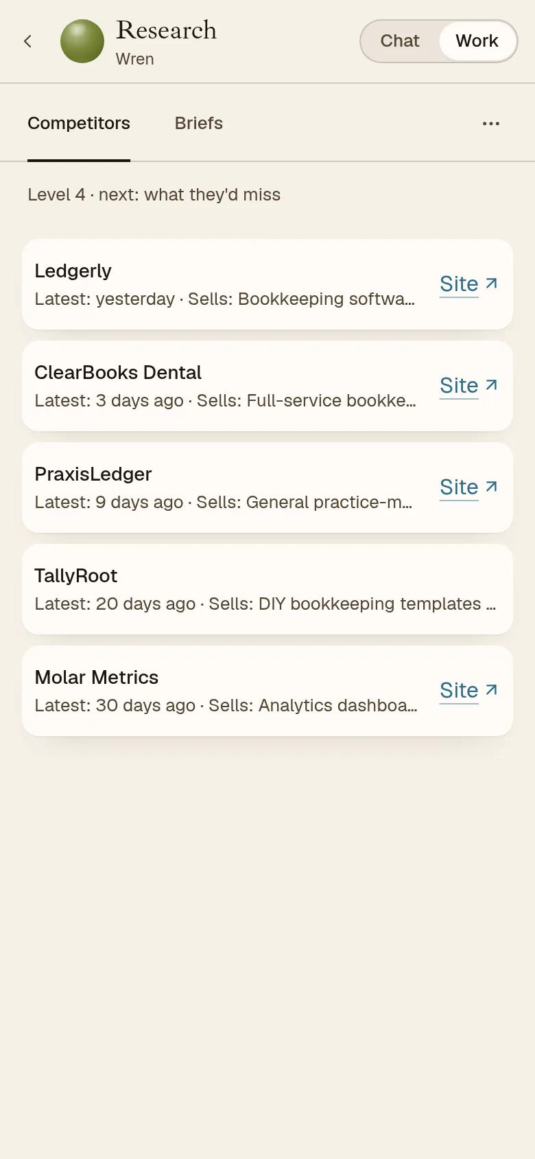 The AEQI app on a phone, Wren’s Competitors: five competitors with what each sells and when it last changed.
